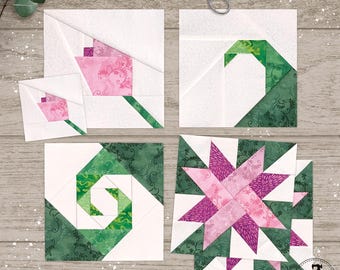 Tangled Blooms, 4 blokken in 4 maten. Creëer je eigen projecten of volg een van de 8 ontwerpkaarten die bij deze FPP-quiltblokpatronen worden geleverd.