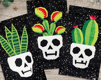 Succulent Skulls: FPP Quilt Block Patterns, Set of 3 Plants and Skulls (PDF Download).