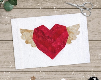 Winged Heart in 2 Sizes, 6x9" and 8x12". FPP foundation paper piecing patterns. PDF download.