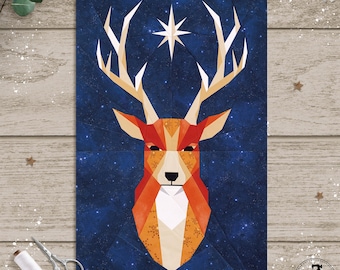 Stag Star in 2 sizes, 12x21.5" and 18.5x32". FPP foundation paper piecing patterns. PDF download. Mystical Midnight Forest Animal.