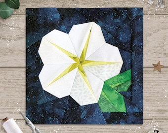 Moonflower in 5 sizes, 7" 8" 9" 10" 12" FPP Quilt Block Patterns. Midnight Forest Collection.