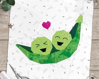 Peas In A Pod, in 3 sizes, with hand-sewn eyes. Galentines FPP Foundation Paper Piecing Pattern.