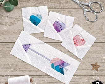 5 sizes Mini Arrows and Hearts, 2x2" 2x4" 2x6" 2x8" 2x10". FPP foundation paper piecing patterns. PDF download.