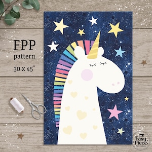 May include: A whimsical unicorn design on a dark blue background with stars. The unicorn has a rainbow mane, a golden horn, and heart-shaped details. The image is labeled "FPP pattern" and measures 30 x 45 inches.