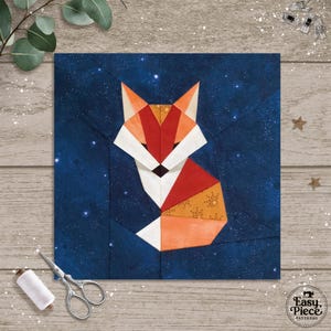Volpe in 3 misure, modello quadrato FPP Quilt Block da 8", 10", 12", con codice colore. Metodo Foundation Paper Piecing.