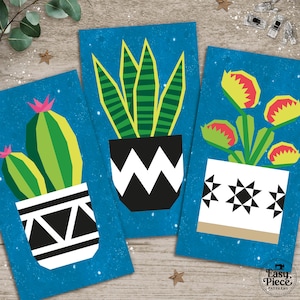 May include: Three rectangular cards featuring graphic illustrations of potted plants on a blue background. The left card shows a cactus in a black and white geometric pot. The center card displays a snake plant in a black and white zigzag pot. The right card features a Venus flytrap in a white pot with a black star pattern and the text Easy Piece Patterns.