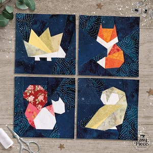 Scrappy Woodland Animals in 3 sizes, 6" 8" 10". FPP foundation paper piecing patterns. PDF download.