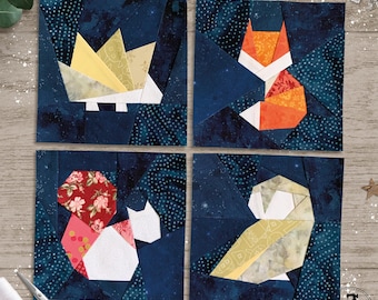 Scrappy Woodland Animals in 3 sizes, 6" 8" 10". FPP foundation paper piecing patterns. PDF download.