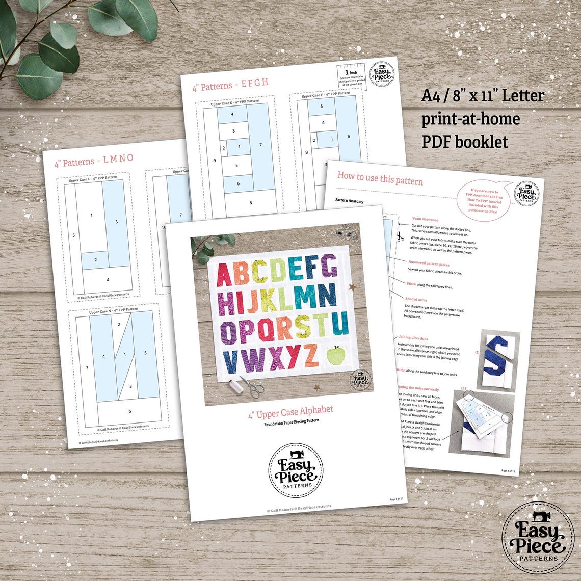 4-inch Uppercase Alphabet Quilt Block Patterns, Foundation Paper ...