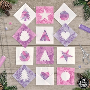 Mini 3&quot; Christmas FPP Patterns, perfect for creating your own quilted ornaments, gift tags, or mini quilt. Trees Cones Stars Baubles Hearts