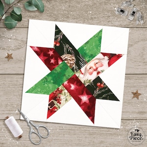 May include: A festive quilt block in a star design, featuring red and green patterned fabrics with Christmas motifs like Santa, stars, and pinecones. The star is set against a white backdrop. Sewing tools and a thread spool are also visible.