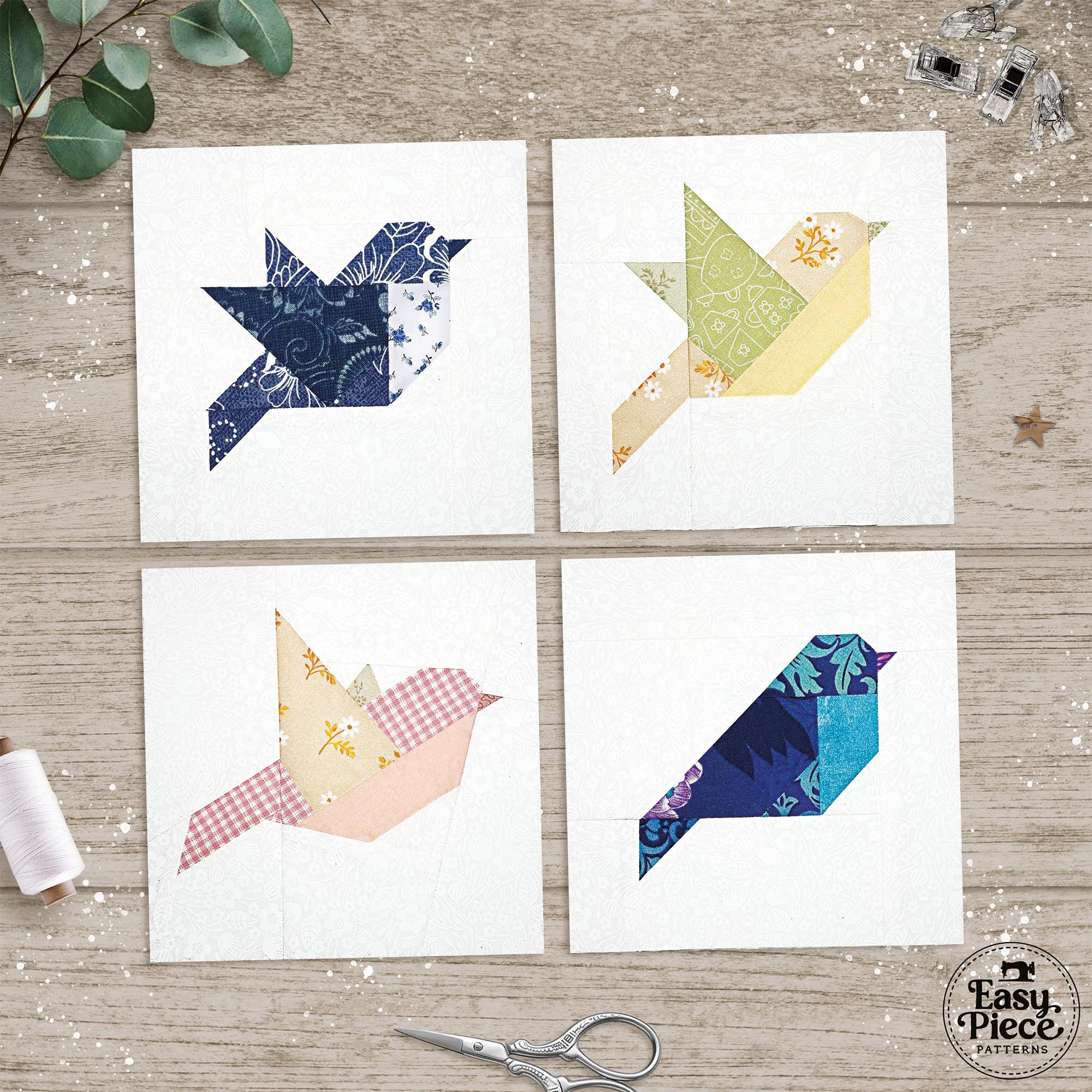 Little Birds, 5 maten 4" 5" 6" 8" 10" quiltblokpatronen voor foundation paperpieces voor een opbeurend wandkleed of de mooiste quilt!
