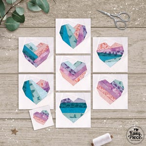 Scrappy Hearts 5 misure 3" 4” 5” 6” 7” Modelli di blocchi per trapunte, 7 design, modelli di patchwork di carta di fondazione