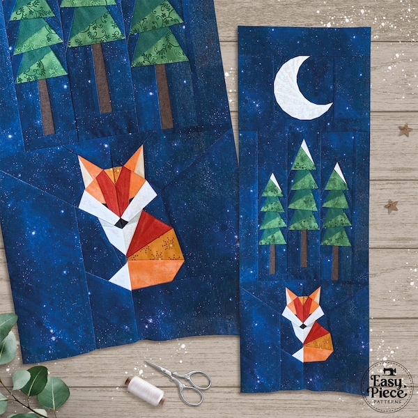 Fox Forest Moon, 12 x 32 inches. FPP foundation paper piecing patterns. PDF download.