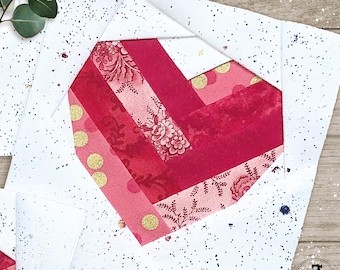Woven Heart in 6 Sizes 3" 4" 5" 6" 8" 10". FPP foundation paper piecing patterns. PDF download.