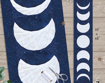 Moon Phases FPP Pattern, 10 x 48", Foundation Paper Piecing method, Lunar Cycle Quilt Block Pattern for Table Runner or Wall-hanging.