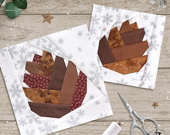 Pinecone: 2 designs, 8 sizes, 3" to 10". Scrappy FPP foundation paper piecing patterns.
