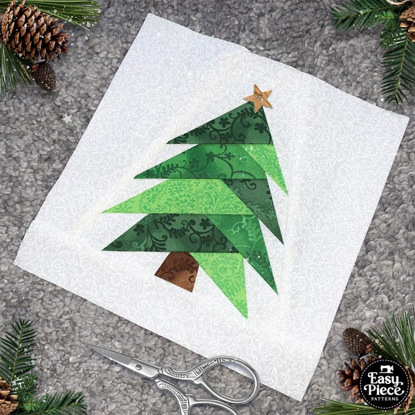 Fir Tree in 6 sizes, 3" 4" 5" 6" 8" and 10". Scrappy Christmas Tree FPP foundation paper piecing patterns. PDF download.