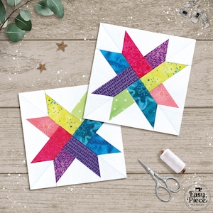 May include: Two star quilt blocks with a white background, featuring pink, blue, purple, and yellow fabrics. The image includes scissors, thread, and the "Easy Piece Patterns" logo.