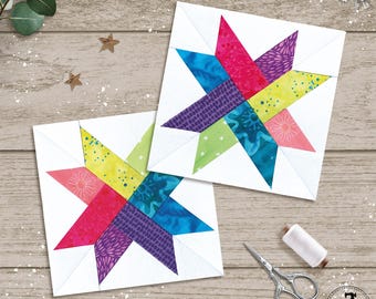 Woven Star in 8 sizes, 3" 4" 5" 6" 7" 8" 10" 12". FPP foundation paper piecing patterns. PDF download.