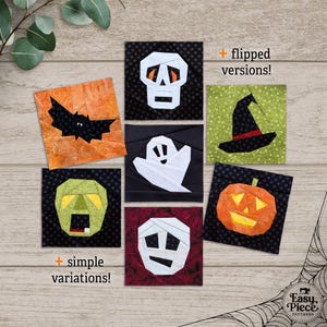 Scrappy Halloween 6" FPP Quilt Block-mönster i 7 designer, plus omvända versioner. Baspappersdelade häxor, spöken, fladdermus, pumpa, dödskalle etc.
