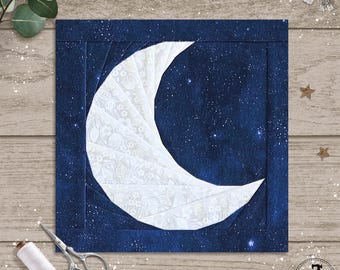 Maan in 5 maten, 5&quot; 6&quot; 7&quot; 8&quot; 10&quot; vierkant FPP-patroon halve maan, foundation Paper Piecing-methode quiltblokpatroon