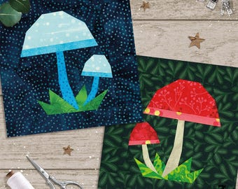 Mushrooms in 4 sizes, 6" 7" 8" 10" Quilt Block Pattern. SINGLE UNIT, easy FPP foundation paper piecing.