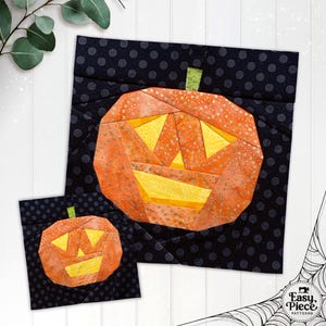 Abóbora Feliz em 4 tamanhos: 5", 6", 8" e 10", além de versões espelhadas. Moldes fáceis e criativos para patchwork de Halloween com retalhos, feitos com a técnica FPP (Fall-Pull Patchwork). Download em PDF.