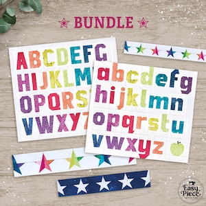 Alphabets & Stars Bundle: 4-inch Uppercase and Lowercase, Stars Border in 6 sizes, and Apple FPP Quilt Block Patterns.