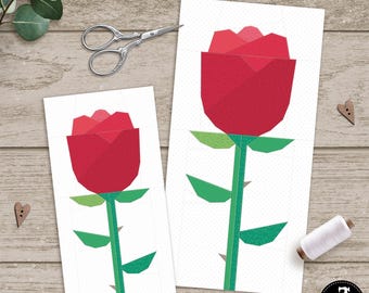 Long Stem Rose in 2 Sizes, 4 x 8" and 6 x 12". FPP foundation paper piecing patterns. PDF download.