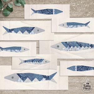 Modelli FPP "Scrappy Sardines", 4 modelli in 3 misure: 15,2 cm, 20,3 cm e 25,4 cm, PIÙ versioni capovolte. Tessuto artistico a tema pescatore e marinaio costiero.