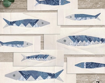 Scrappy Sardines in 3 sizes, 6" 8" and 10". 4 designs, PLUS flipped versions. FPP foundation paper piecing patterns. PDF download.