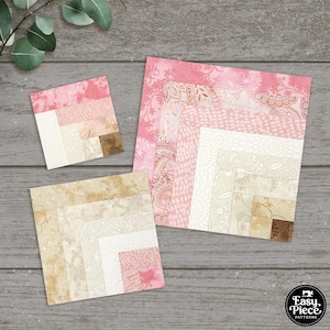 Peut inclure: Trois carrés de tissu avec un motif de cabane en rondins dans les tons de rose, crème et marron. La plus grande pièce a un motif cachemire. La plus petite pièce a un carré marron. Le logo Easy Piece Patterns est en bas à droite.