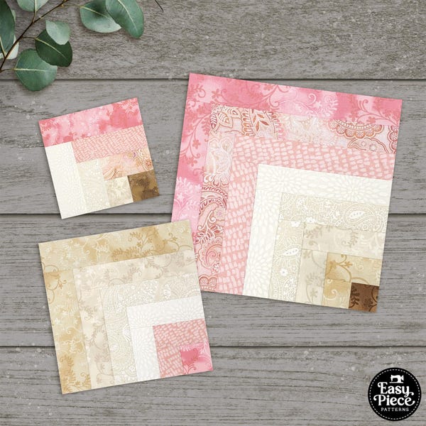 Half Log Cabin in 6 sizes, 3 variations, 3" 4" 5" 6" 8" 10". FPP foundation paper piecing patterns. PDF download.