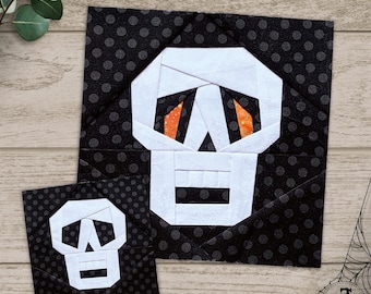 Czaszka szkieletu w 4 rozmiarach, wzory bloków patchworkowych FPP na Halloween (do pobrania w formacie PDF)