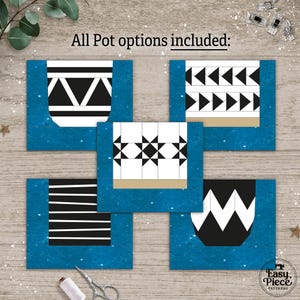 May include: Five square cards featuring black and white geometric quilt block patterns on blue backgrounds. The text "All Pot options included:" is centered at the top. The designs include triangles, stars, horizontal stripes, and zigzags.