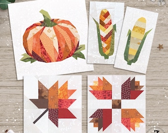 Thanksgiving FPP Quilt Block Patterns, Pumpkin, Corn, Maple Leaf (PDF Download)