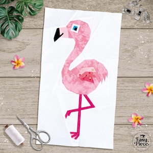 May include: A paper foundation piecing quilt block pattern featuring a pink flamingo with a black and white beak, a blue eye, and geometric fabric sections. The design includes the text Easy Piece Patterns in the bottom right corner.