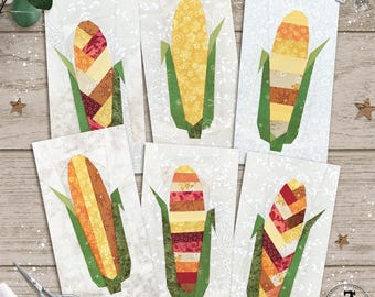 Scrappy Corn, 6 Designs plus umgedrehte Versionen. 4 x 8 Zoll große FPP-Basispapier-Schnittmuster.
