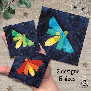 May include: Three colorful fabric squares with firefly designs. The fireflies are made of various shades of green, yellow, orange, and blue. The squares are set against a dark blue background with a speckled pattern. Text on the image reads "2 designs 6 sizes."