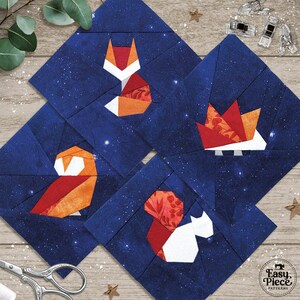 8 bloques pequeños de FPP con diseño de bosque navideño. Patrones de paper piecing de 10 cm para base de FPP. Descarga en PDF.