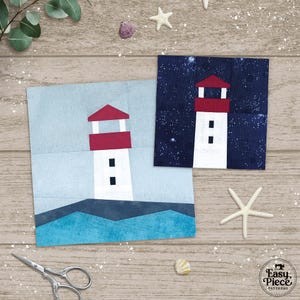 Pequenos faróis em 4 tamanhos, 2 modelos, 4", 6", 8" e 10". Moldes para patchwork com base em papel (FPP). Download em PDF.