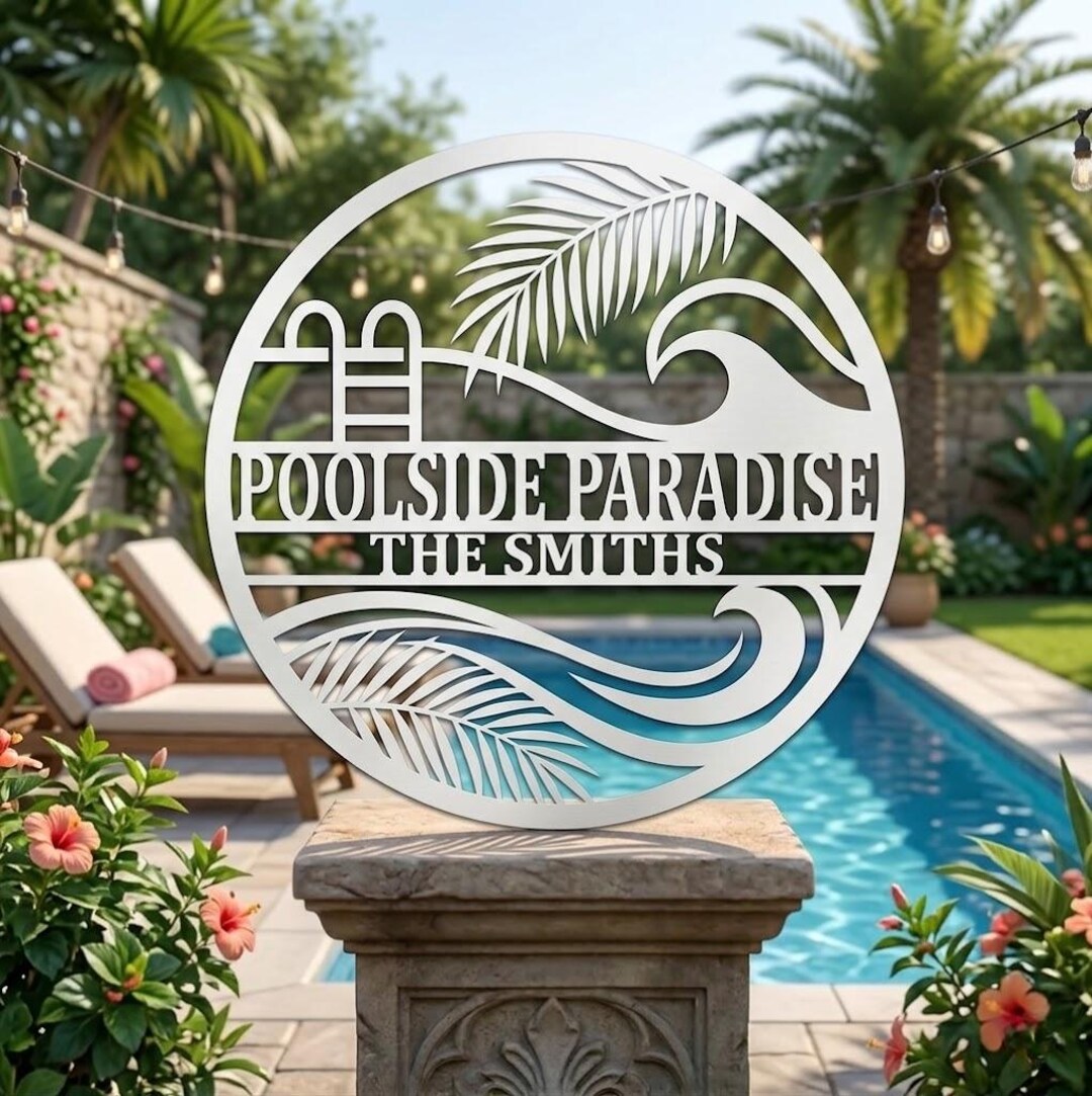 Personalized Poolside Paradise Metal Sign, Custom Family Name Pool Wall ...