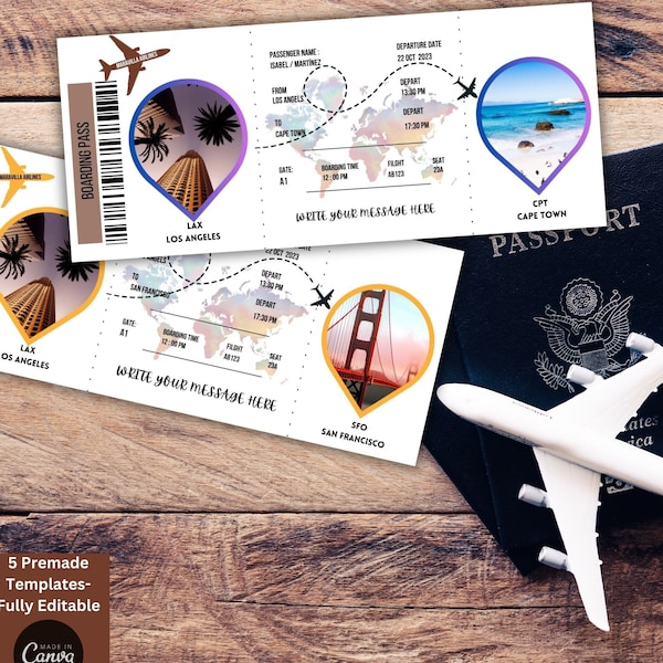 Plantilla de tarjeta de embarque editable Tarjeta de embarque de Canva Viaje sorpresa Tarjeta de embarque personalizada Plantilla de Canva Boleto de avión imprimible digital