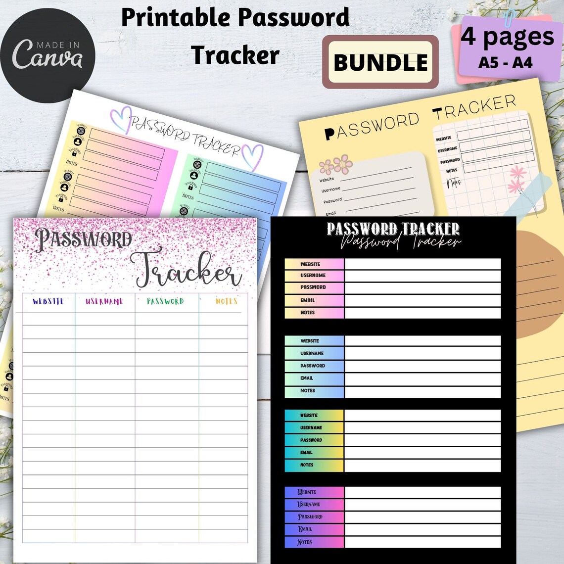 Editable Fillable Password Tracker BUNDLE, 4 Printable Password Log