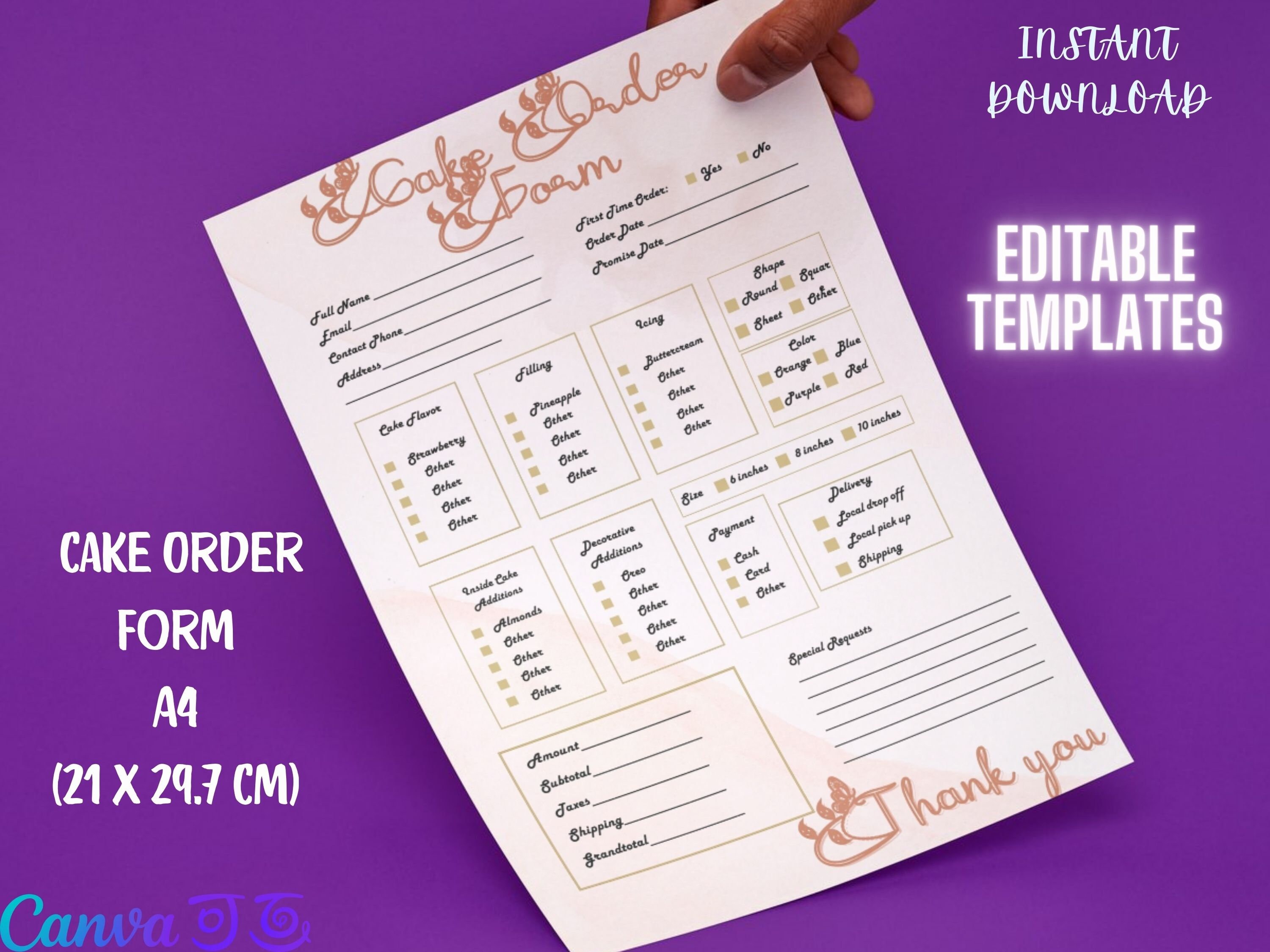 Editable Cake Order Form Template Bakery Order Form Cookie Order Form ...