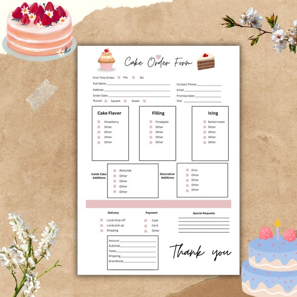 Modèle de formulaire de commande de gâteau modifiable Formulaire de commande de cupcake Formulaires pour petites entreprises Formulaire de commande imprimable