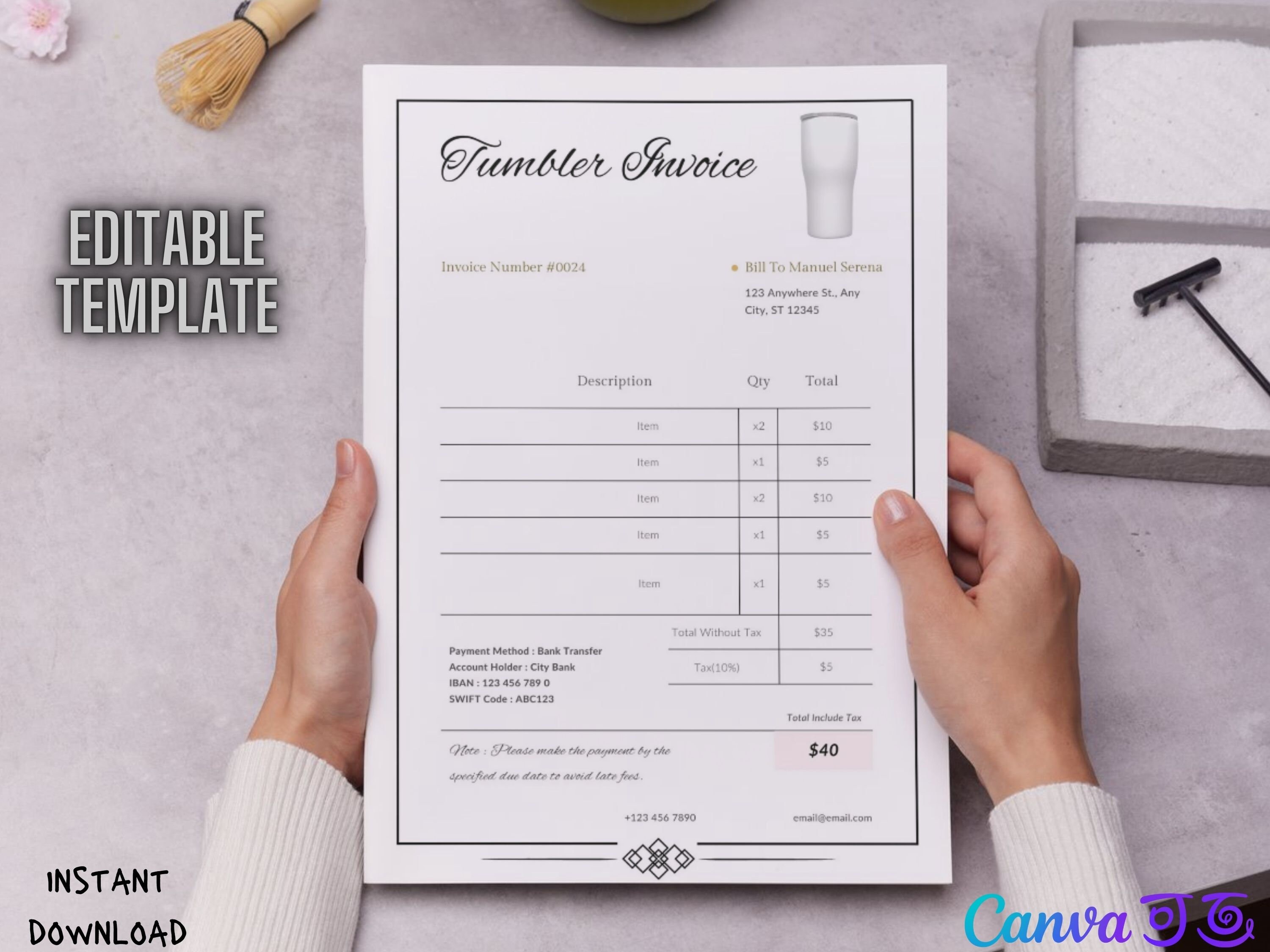 Printable Tumbler Invoice Template Editable Cup Invoice Sublimation