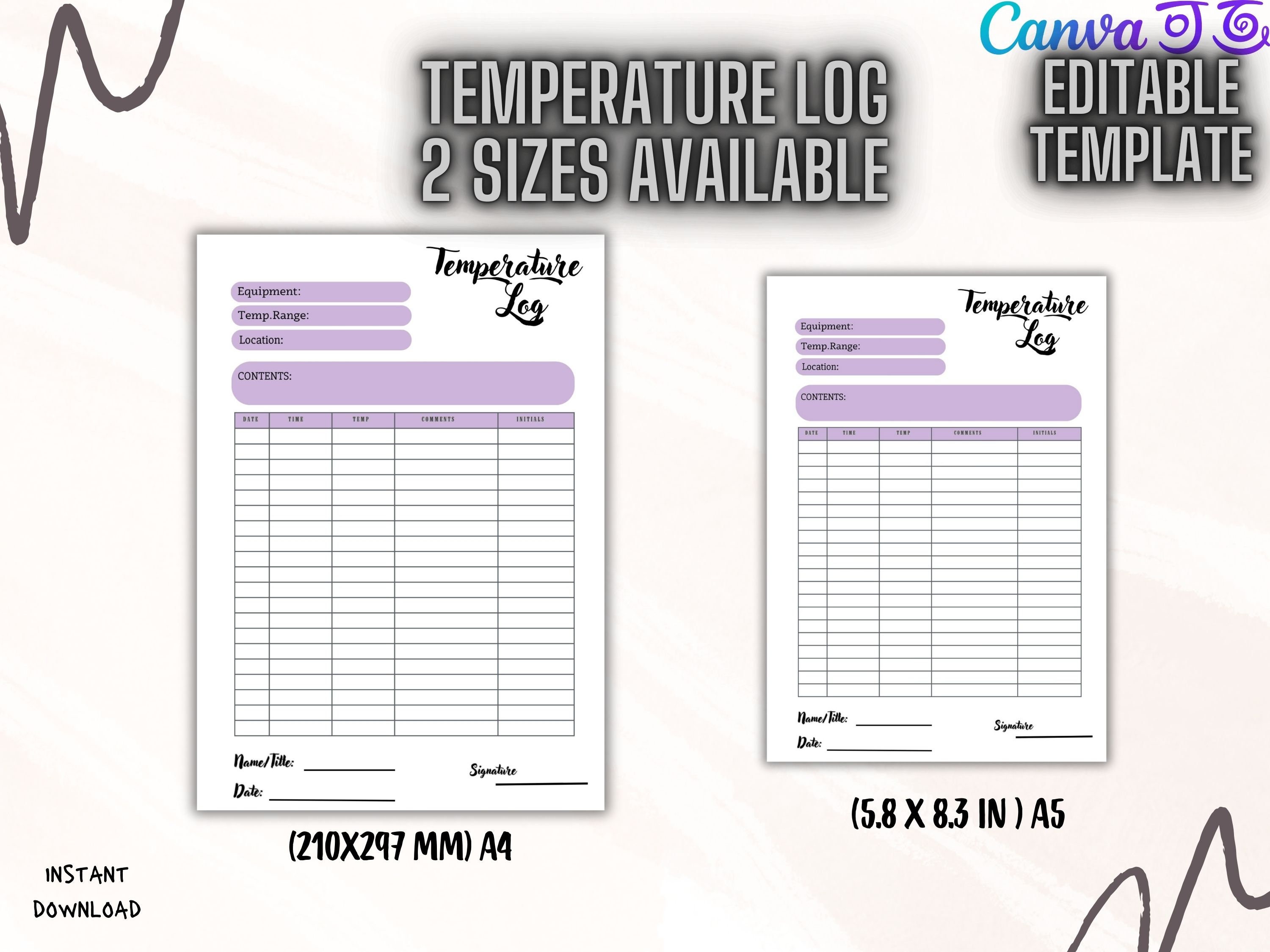 Temperature Log Printable PDF Temperature Tracker Printable Editable ...