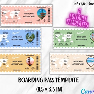 Editable Boarding Pass Template Airplane Ticket Gift Card Printable Boarding Ticket Canva Boarding Pass Surprise Trip Airline Ticket Canva